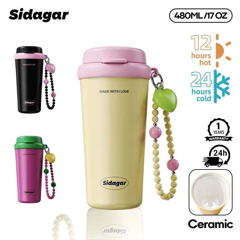 Sidagar แก้วกาแฟ 480ML แก้วเก็บความเย็น เคลือบเซรามิค แบบพกพา ถ้วยกาแฟ ถ้วยน้ำพร้อมหลอด ถ้วยน้ํารถยนต์