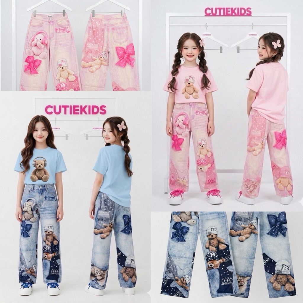 🧸ชุดเซทยีนส์คุณหนูแฟชั่นสุดชิค🧸 เสื้อคอตตอนนุ่มสีขาวลายสุดน่ารัก พร้อมกางเกงยีนส์คาวบอยพิมพ์ลายดิจิตอลทั้งตัว
