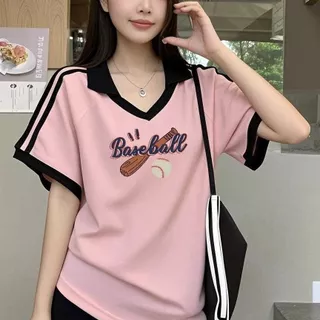 เสื้อคอวีทรงสเก็ตสวยๆผู้หญิงแฟชั่นมาใหม่ oversize เสื้อผ้าสาวอวบไซส์ใหญ่น่ารัก เสื้อยืดปกแขนสั้นลําลองทรงหลวมสไตล์เกาหลี