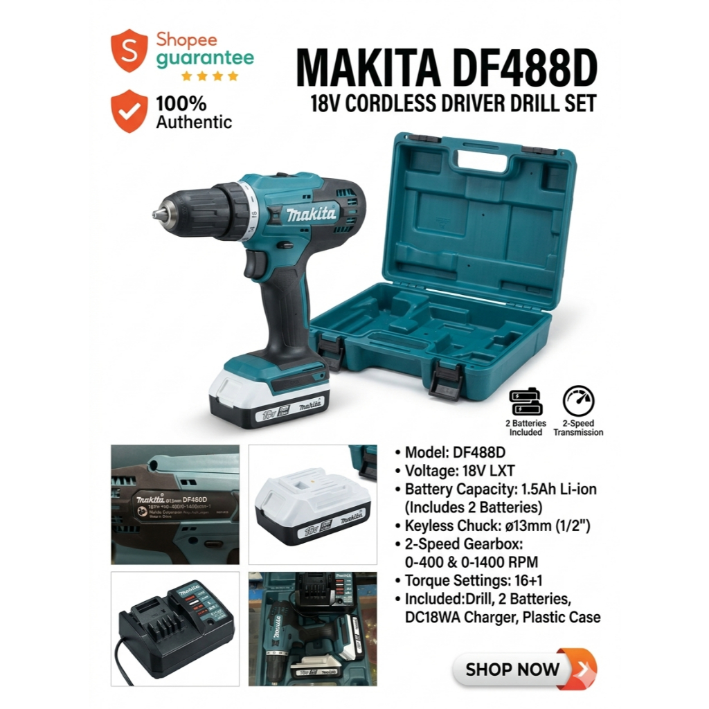 ชุดสว่านไขควงไร้สาย 18V MAKITA รุ่น DF488D พร้อมแบตเตอรี่และแท่นชาร์จ