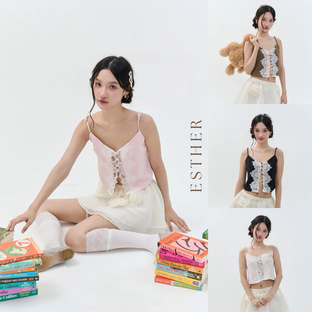 ESTHER TOP (เฉพาะเสื้อ) สายเดี่ยวดีเทลลูกไม้ละมุน  ผ้านิ่มอัดกาวทรงสวย แต่งลูกไม้ช่วงอก