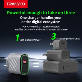 TRANYOO US9GaN ที่ชาร์จเร็วซูเปอร์ 2-in-1มีชิปอัจฉริยะGaNในตัว พร้อมสายข้อมูล Type-C คู่มือ ใช้งานได้กับอุปกรณ์ทุกชนิด