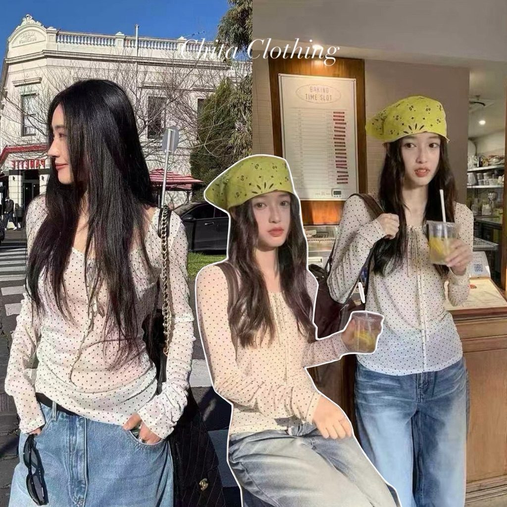 📍พร้อมส่ง📍7225💌 เสื้อแขนยาวคอยูซีทรู ลาย polka dot เนื้อผ้าตาข่ายยืดหยุ่นได้เยอะ ทรงสวย TAG:WG.WE 🇰🇷