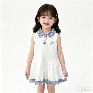 MC244 เดรสเด็กหญิงทรงเจ้าหญิง คอปกน่ารัก ผ้าใส่สบาย สีขาว กรมท่า