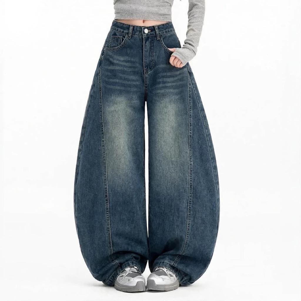 #5998 (XS-9XL) jinjeans กางเกงยีนส์ทรงบาเรล baggy กางเกงสาวอวบ กระบอกใหญ่ ขากว้าง Barel