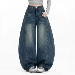 #5998 (XS-9XL) jinjeans กางเกงยีนส์ทรงบาเรล baggy กางเกงสาวอวบ กระบอกใหญ่ ขากว้าง Barel