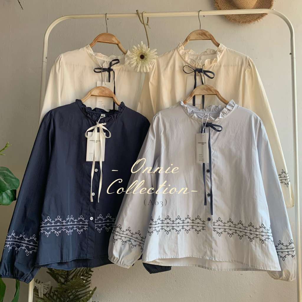 (A03) Unnie collection เสื้อเชิ้ตกระดุมหน้า คอรูดแต่งโบว์  ปักลายคลื่น ช่วงลำตัว และแขน งานดีไซน์เกาหลี 💖  ปลายแขนดึงยาง
