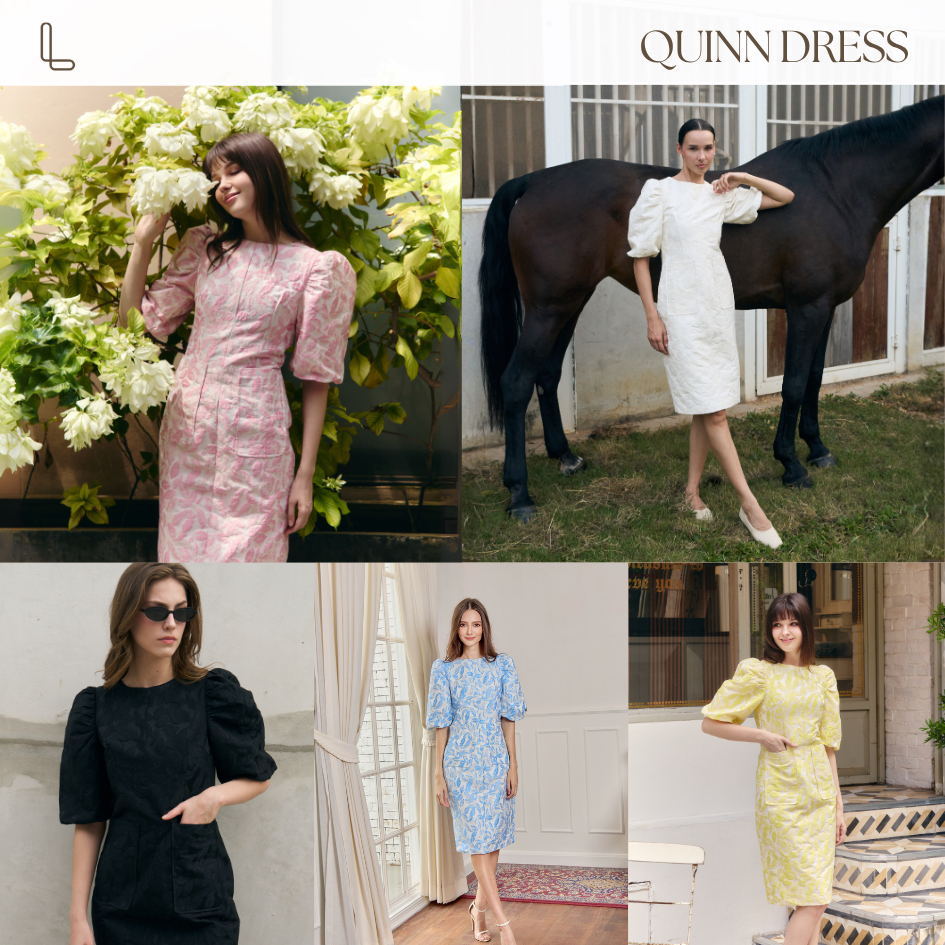 TheLoopBangkok| Quinn Dress เดรสผ้าแจ็คการ์ด มีลายนูนในเนื้อผ้า เดรสเข้าทรง แต่งแขนพอง