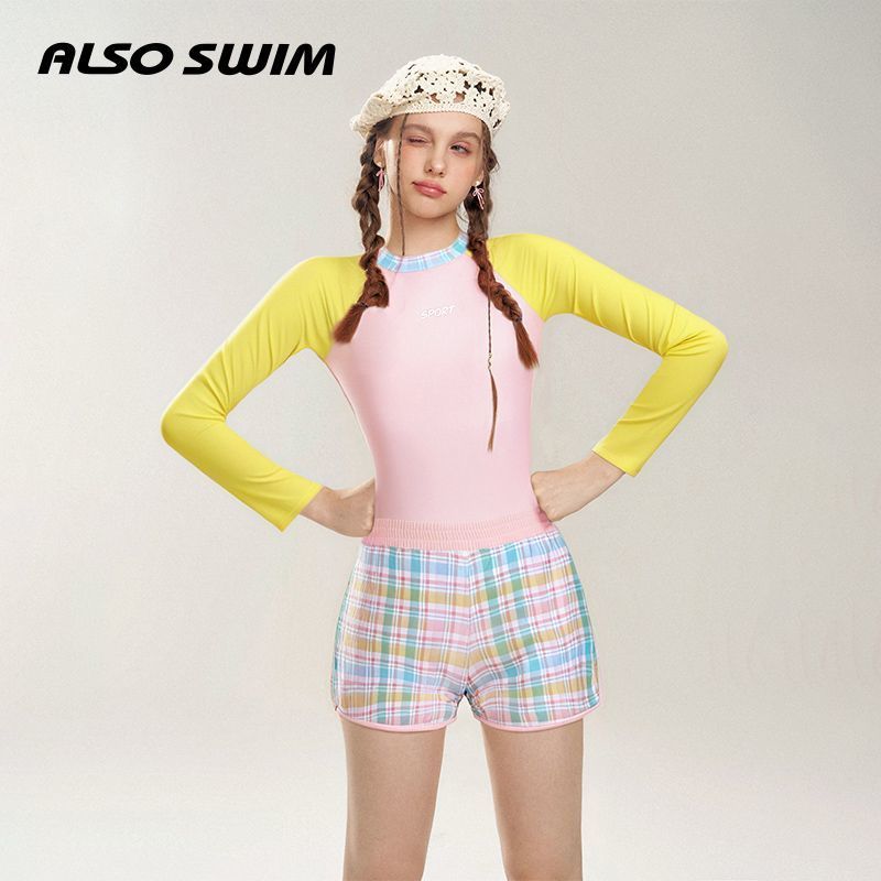 ชุดว่ายน้ำ  สีชมพูเหลือง สีพลาสเทล น่ารักมาก ผ้าร่ม แขนยาว ใส่สบาย 3078 – โปรปัง