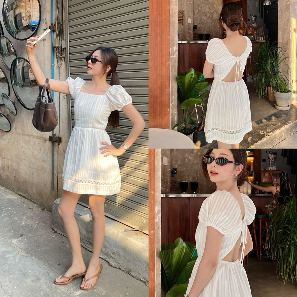 (พรีส่ง10กย)BRB : Daisy dress เดรสสั้นแต่งลูกไม้ ผูกเองด้านหลัง ชุดไปทะเล XS-2XL