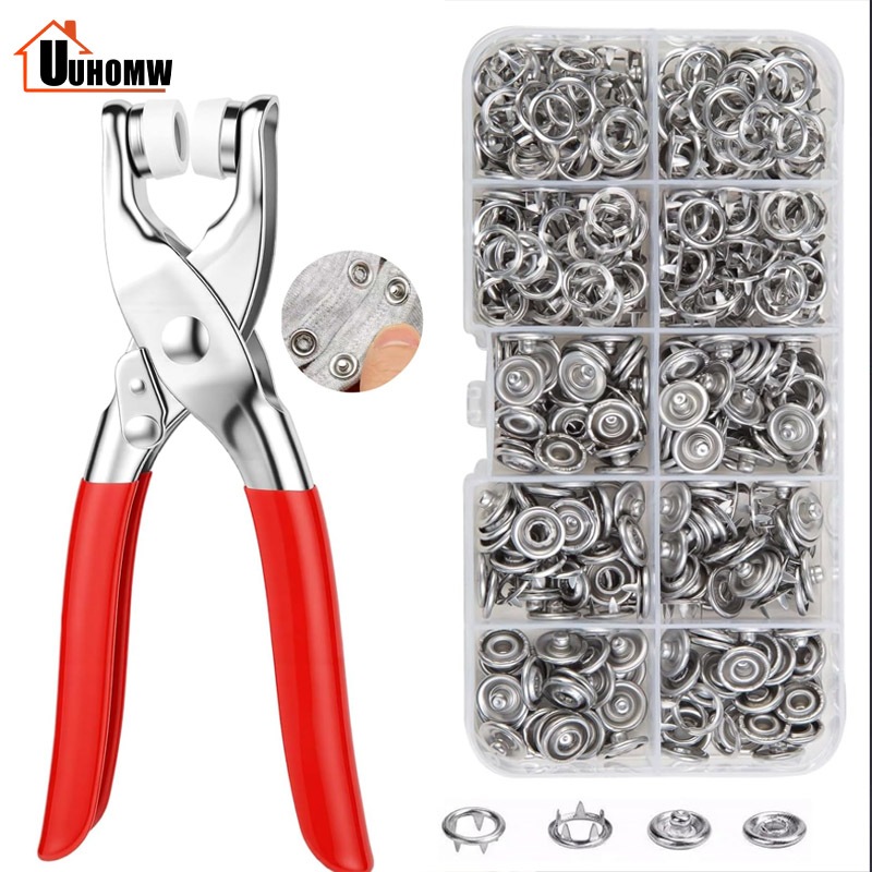 ชุดตอกพร้อมกระดุม 9.5mm ชุดคีมติดกระดุมแป๊ก ชุดกระดุมแป๊ก DIY พร้อมคีมตาไก่ กรงเล็บมือกดคีม เครื่องมือติดตั้งปุ่มคีม