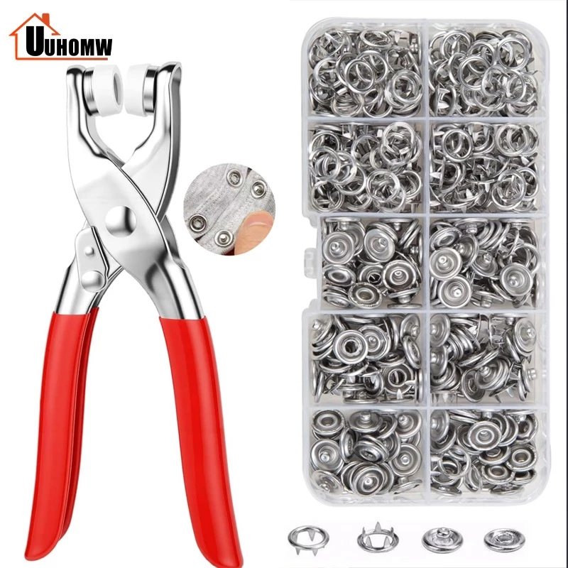 ชุดตอกพร้อมกระดุม 9.5mm ชุดคีมติดกระดุมแป๊ก ชุดกระดุมแป๊ก DIY พร้อมคีมตาไก่ กรงเล็บมือกดคีม เครื่องมือติดตั้งปุ่มคีม