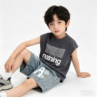 BB243 ชุดเด็กผู้ชาย เสื้อแขนกุดสีเทา กางเกงยีนส์ขาสั้น ลุคเท่