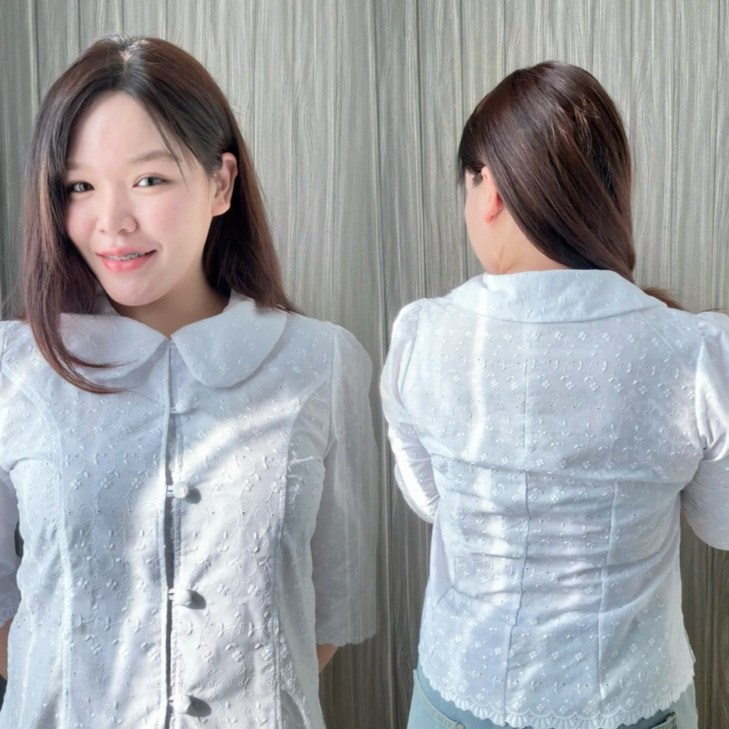เสื้อลูกไม้ฉลุผ้าคอตตอล คอบัวแขนสามส่วนกระดุมหน้า ใส่แล้วเข้ารูปทรงสวย