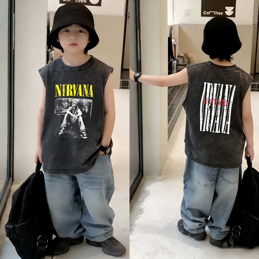 เสื้อตัวกลมแขนไม่ถัก ลายพิมพ์เด็กชาย แบบล้างน้ำ ดูเก่าแก่ ผ้าระบายอากาศ เหมาะสำหรับฤดูร้อน