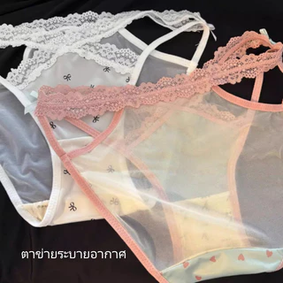 Rilove🎀L-XL กางเกงในผู้หญิง เอวต่ำ ลูกไม้ ผ้าซาติน ตกแต่งโบว์ ผ้าตาข่ายระบายอากาศ ใส่สบาย