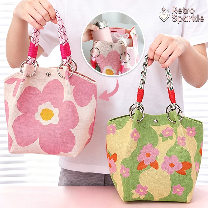 💖Retro Sparkle💖สไตล์เกาหลี กระเป๋าถือ ผ้าถัก คุณภาพสูง ใช้ได้ทุกวัน สไตล์น่ารัก ลายดอกไม้ กระเป๋าถัง สีสันสดใส
