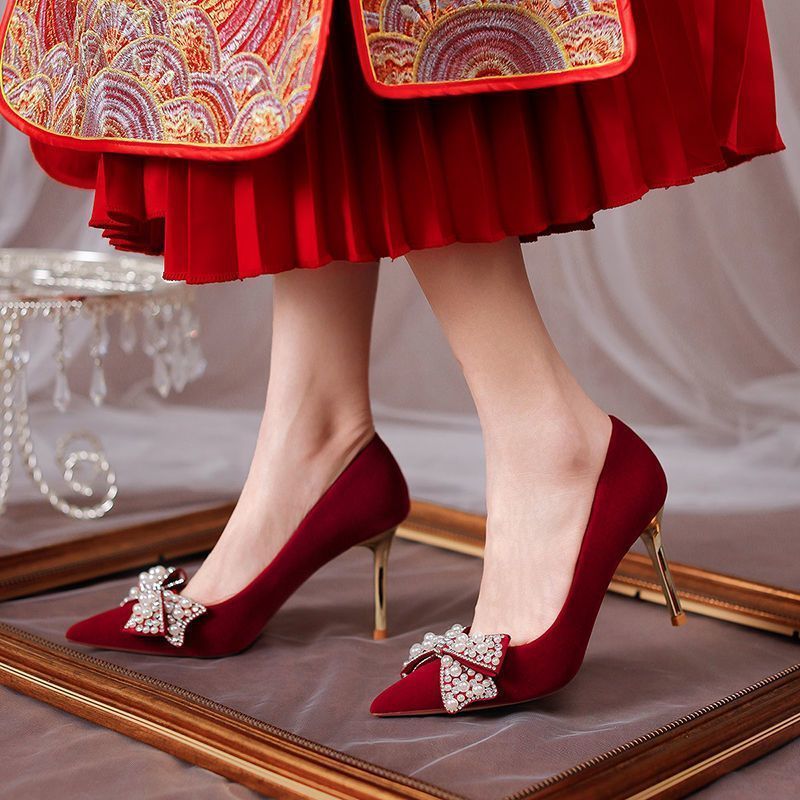 High heeled shoes - high-end red wedding shoes for women wearing two dresses, Xiuhe wedding dress, t
