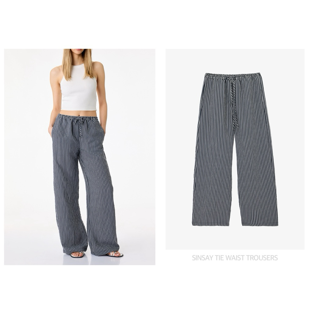 SINSAY กางเกงลายทาง เอวสูง ทรงกระบอกตรง TIE WAIST TROUSERS (B2905)