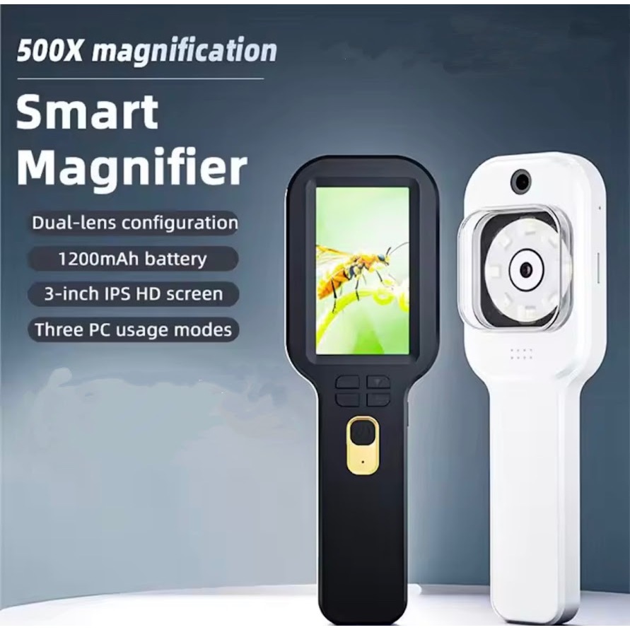 กล้องจุลทรรศน์แบบดิจิตอลแบบมือถือ ซูม 500X หน้าจอ IPS ขนาด 3นิ้ว แว่นขยายอิเล็กทรอนิกส์พร้อมแบตเตอรี่ 1200มิลลิแอมป์