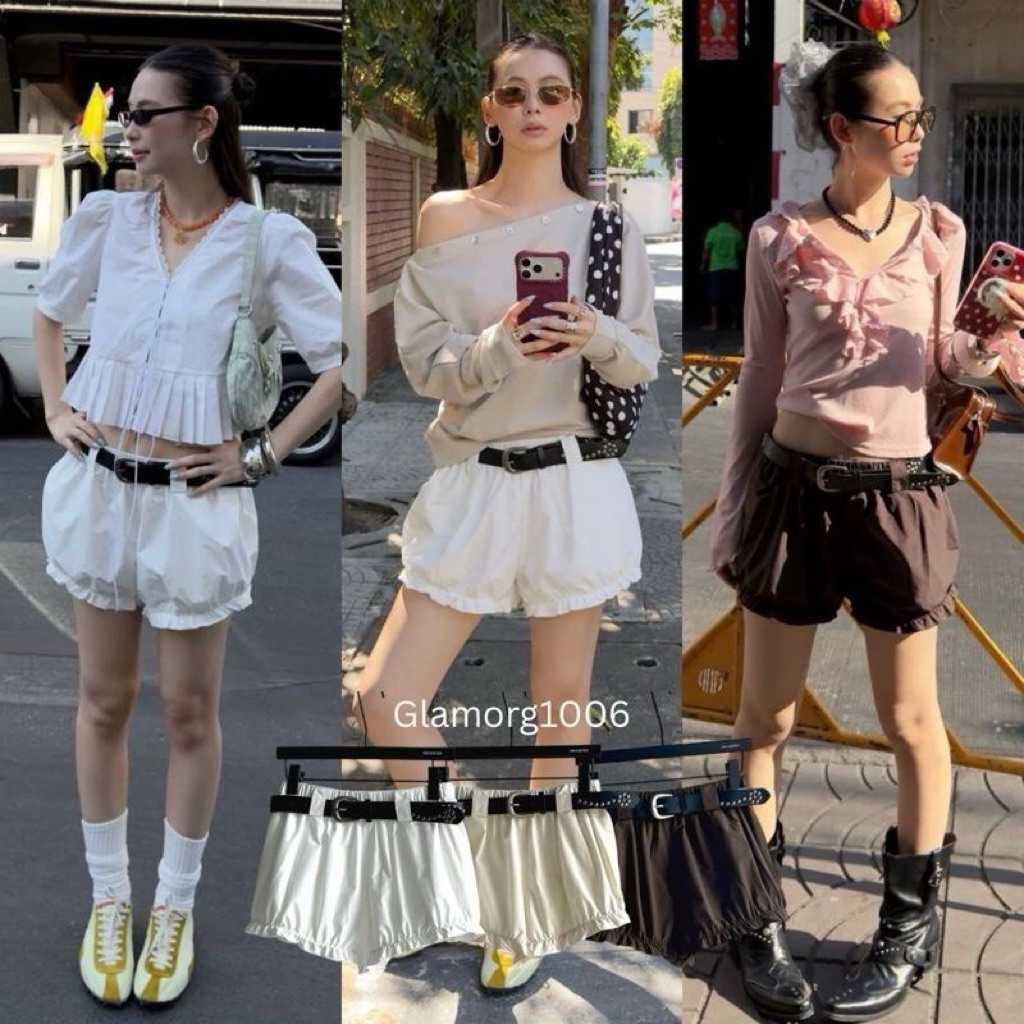 G1006-Pumpkin puff shorts กางเกงขาสั้นทรงบอลลูน+เข็มขัดหนังตอกหมุด glamorg