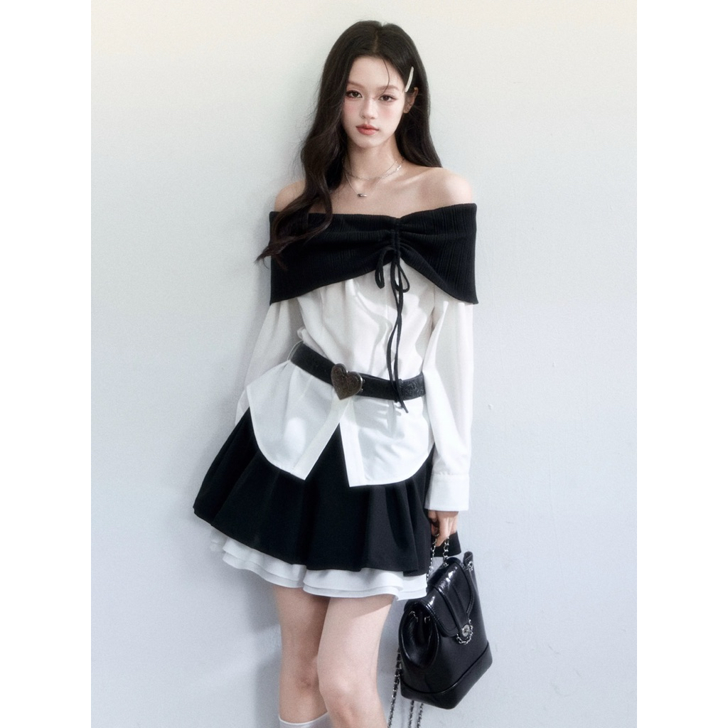 Fragile heart - Observer Poem Color Block Off-Shoulder Shirt Top