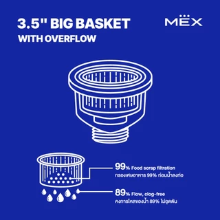 MEX รุ่น B202 สะดืออ่างล้างจาน Big Basket ขนาด 3.5 นิ้ว (ไม่มีท่อน้ำล้น), BKT35B (ตะกร้ากรองเศษอาหาร)