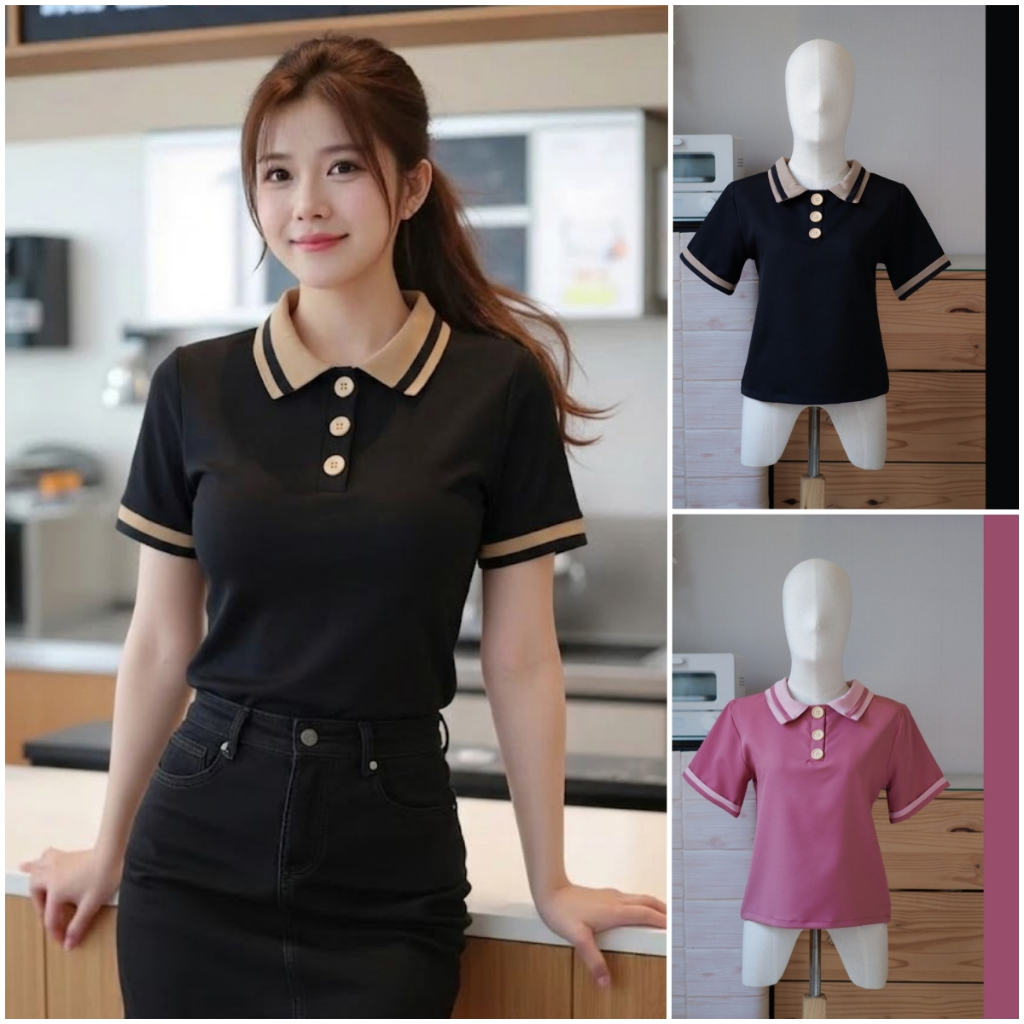 E20 เสื้อทํางานผู้หญิง แขนสั้น คอปก แต่งกระดุมไม้ สีธรรมชาติ เสื้อยืด แฟชั่น มินิมอล Easter Egg