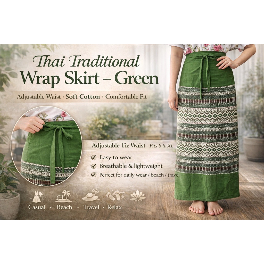 Thai Wrap Skirt Green Cotton | Adjustable Sarong | Boho Ethnic Long Skirt
