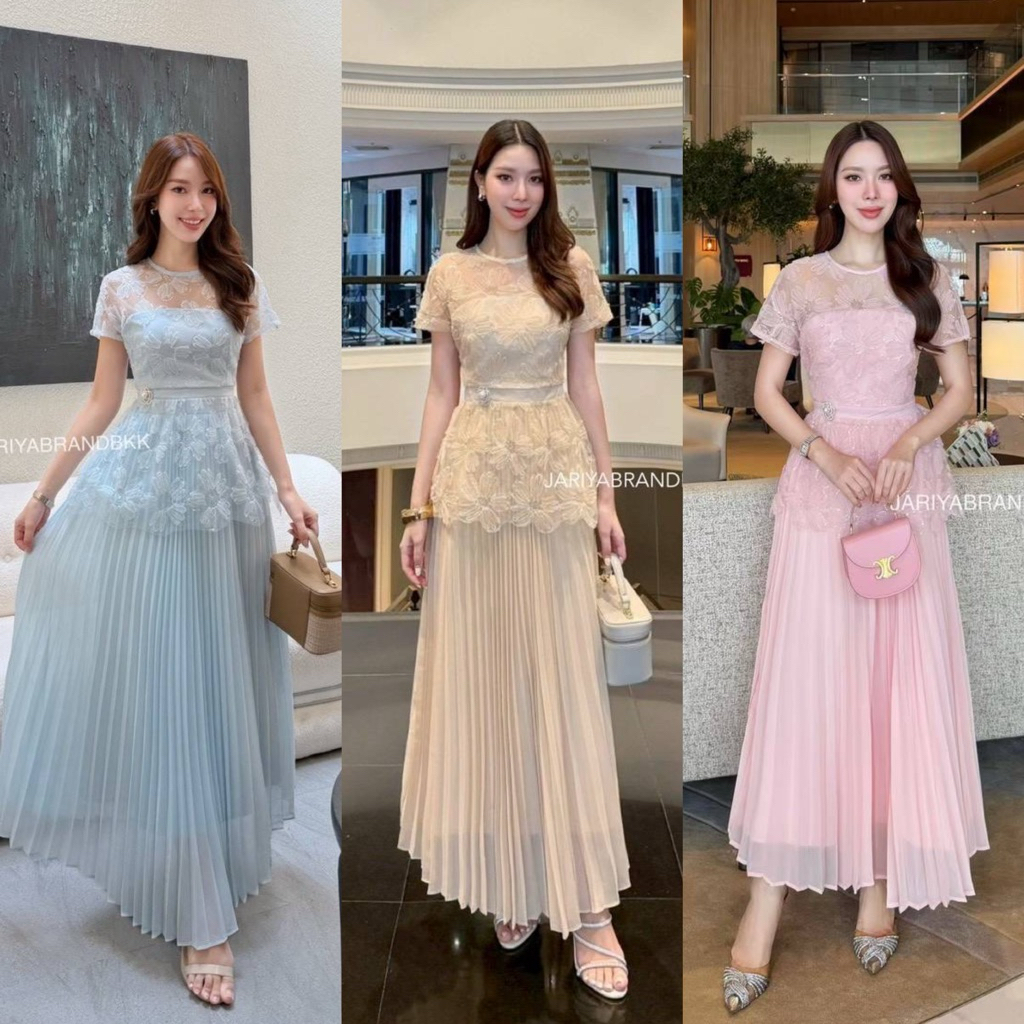 D4 งานป้าย Jariya Set ชุดเซ็ท 2 ชิ้น เสื้อ กระโปรงยาวอัดพลีท สำหรับผู้หญิง เสื้อผ้าแฟชั่นผู้หญิง ไซส