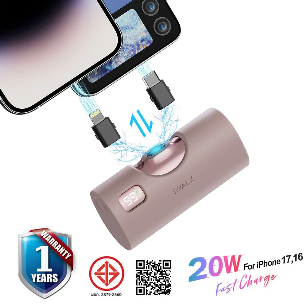[ของแท้/ประกัน1ปี] iWALK LinkPodX พาวเวอร์แบงค์เปลี่ยนหัวได้ (Type-C & Lightning) 5000mAh 2-in-1 รองรับมือถือได้ทุกรุ่น