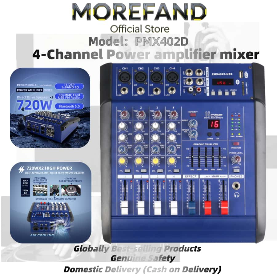 MOREFAND เพาเวอร์มิกเซอร์ 402D วัสดุ ABS สีดำ-น้ำเงิน 4 ช่อง 720Wx2 บลูทูธ 5.0 16 DSP 5 แบนด์ EQ