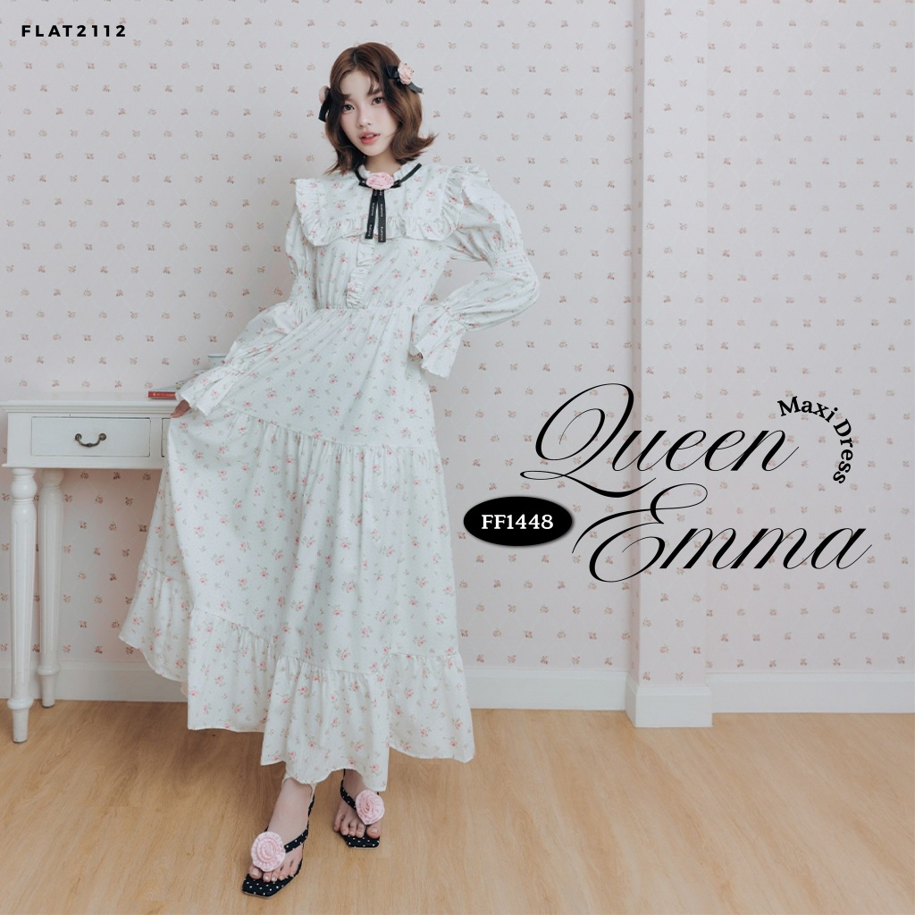 FLAT2112 : QUEEN EMMA MAXI DRESS เดรสยาวลายดอกสีขาว เดรสลูกคุณลุคเจ้าหญิง ใส่แล้วดูแพง เดรสตัวเดียวจบ (FF1448)