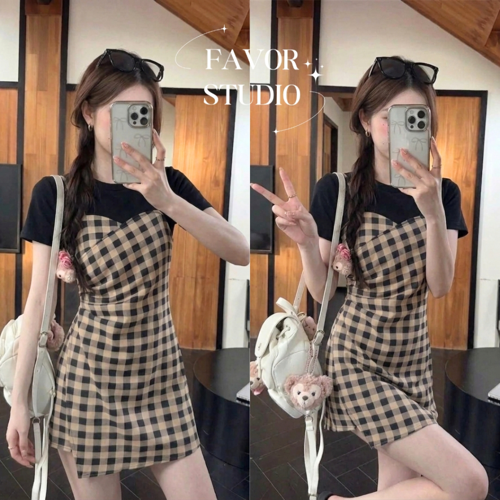 【ใหม่】S-5XL เดรสสไตล์วินเทจ ลายตาราง เดรสดีไซน์เกาะอกสองชิ้นหลอก สำหรับสาวอวบ พลัสไซซ์