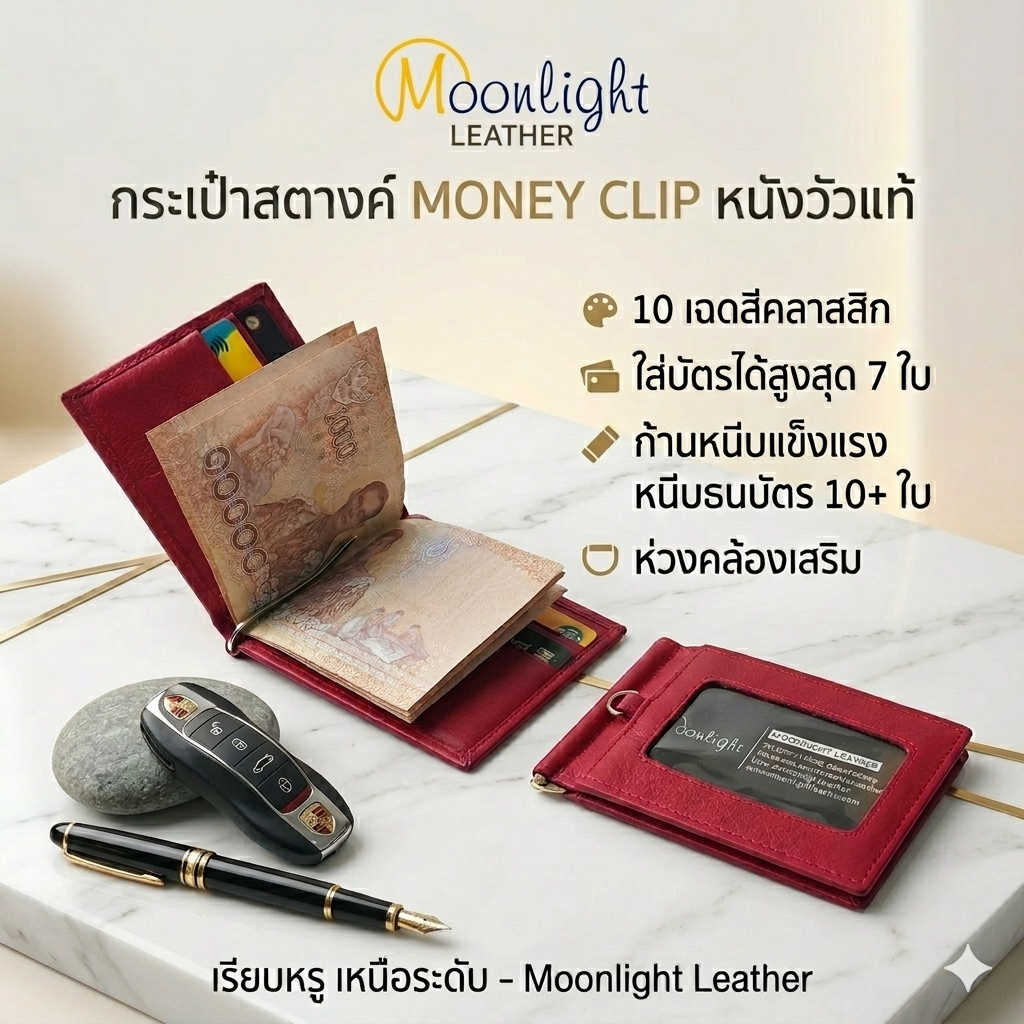 กระเป๋าสตางค์ หนีบแบงค์ Money clip หนังวัวแท้ Moonlight ก้านคลิปแข็งแรง มีช่องใส่รูป หนังนุ่มมาก