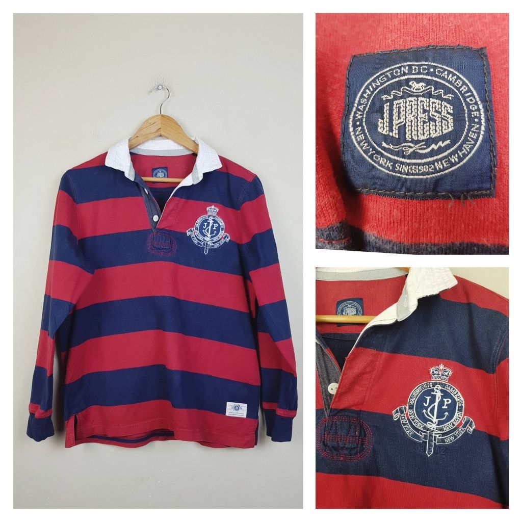 J.PRESS Long Sleeves Rugby Polo Shirt 100% Cotton Color: Navy Red