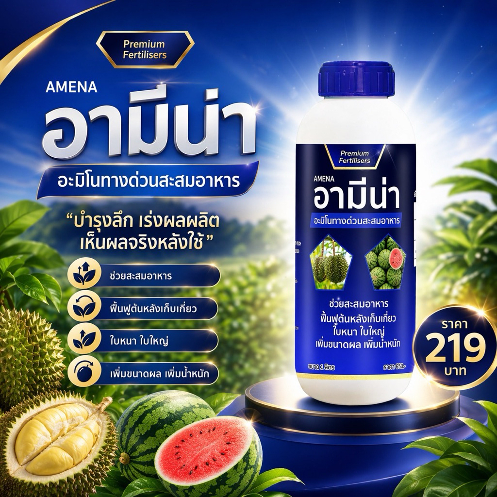 สะสมอาหาร อะมิโนทางด่วน อามีน่า (ขวดน้ำเงิน) ใบเขียว ใหญ่ ตั้ง แตกกอดี  เพิ่มผลผลิต 1ลิตร