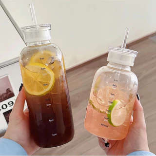 ขวดน้ำแก้วพกพา 500ml พร้อมหลอด ฝา 1 ชิ้น สำหรับใส่หลอดเท่านั้น มีสเกลวัดปริมาณน้ำ