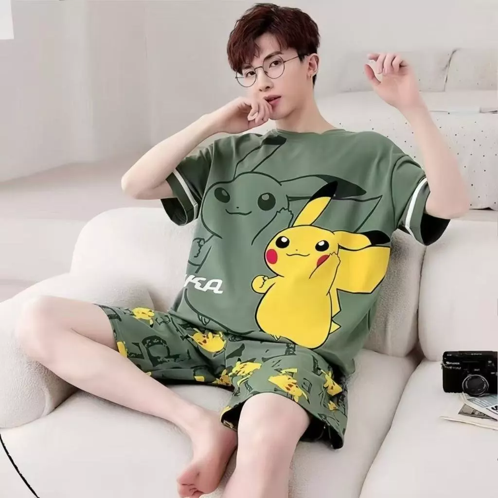 M~4XL,ชุดนอนผู้ชาย,เสื้อผ้าผู้ชาย,ผ้าฝ้ายคุณภาพสูง,เสื้อแขนสั้น+กางเกงขาสั้น
