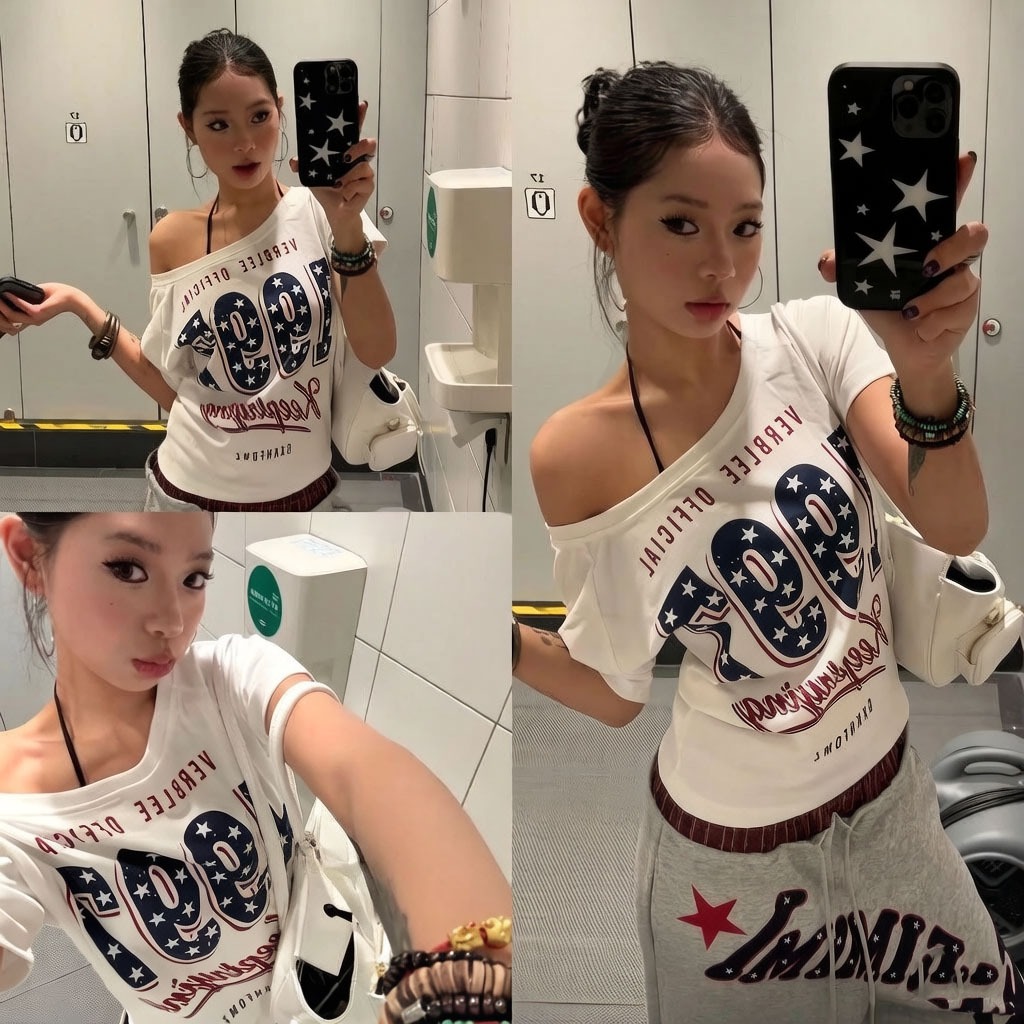 Brave✨พร้อมส่ง✨เสื้อปาดไหล่แขนสั้นผู้หญิง สตรีทแฟชั่น oversize ผ้าคอตอน ใส่สบาย ผ้านิ่ม #74372