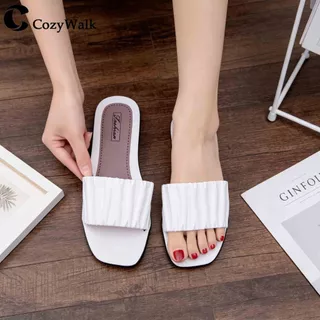 CozyWalk พร้อมส่งในไทย รองเท้าแตะผู้หญิงแบบสวม สายจับจีบ สีครีม พื้นนุ่ม กันลื่น สไตล์มินิมอล 👡
