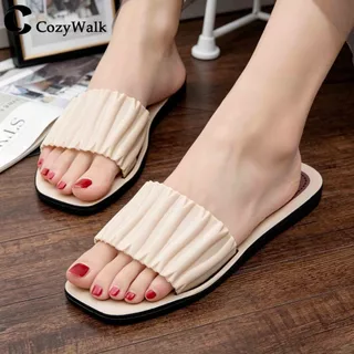 CozyWalk พร้อมส่งในไทย รองเท้าแตะผู้หญิงแบบสวม สายจับจีบ สีครีม พื้นนุ่ม กันลื่น สไตล์มินิมอล 👡