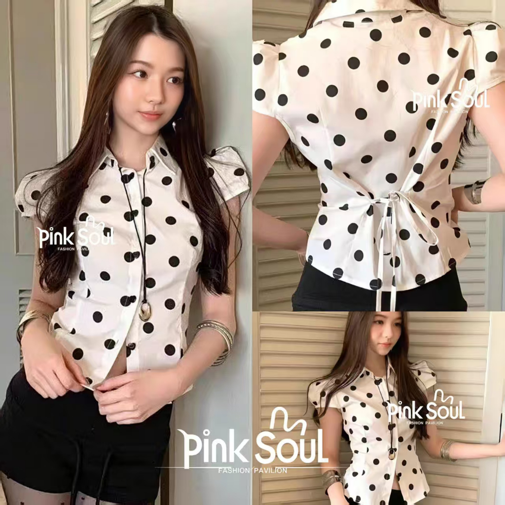 เสื้อลายจุดลุคคุณหนู เกาหลีหวานๆ มีสายผูกเอวด้านหลัง ทรงสวยดูแพง