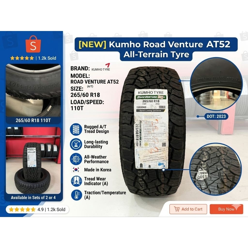 (พร้อมส่ง)ยางใหม่ Kumho Road Venture AT52 ขนาด 265/60R18 ปี23 ราคาต่อเส้น