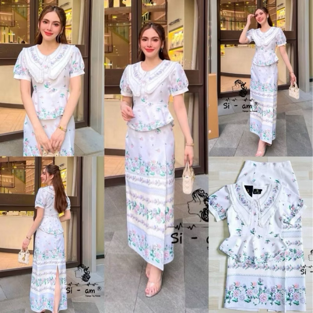2XL ป้าย Si am Size ใส่ครั้งเดียว  Set เสือ พร้อมผ้าถุงพิมพ์ลายไทย คอปก ชุดออกงาน ชุดงานบุญ