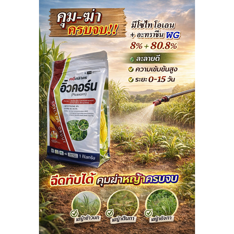 ฮิ้วคอร์น 1 กิโล  2พลังบวก มีโซไตรโอน +อะทราซีนWGสารกำจัดวัชพืชในข้าวโพดและอ้อย ฉีดทับได้ คุมฆ่าวัชพ