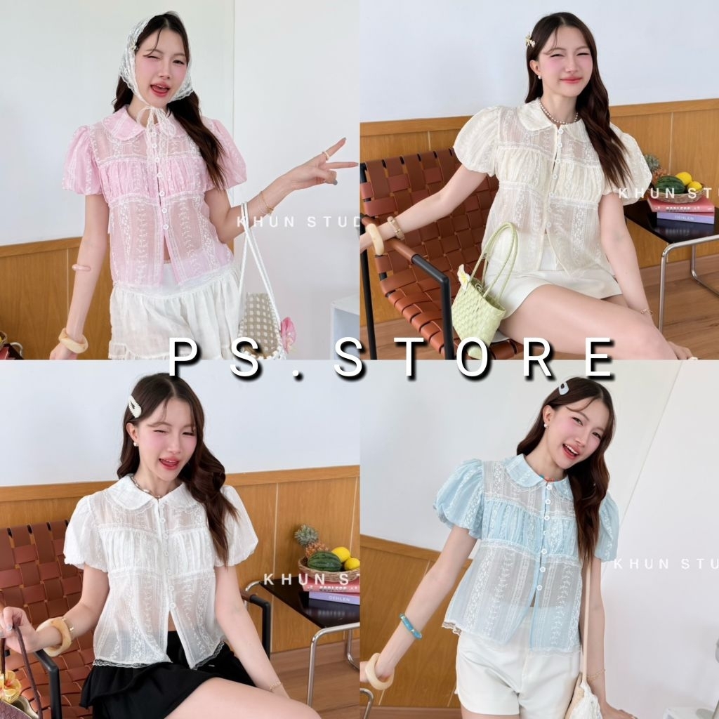 Alice : (รุ่นนี้ผ้าบาง)เสื้อแขนบอลลูนคอบัวแต่งขอบลูกไม้ ตีเกล็ดจับจีบช่วงอก งานกระดุมหน้า