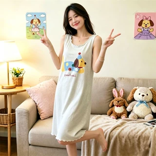 🧡ส่งไวจากไทย🧡ฤดูร้อนใหม่ชุดนอนแขนกุดกระโปรงนอนไม้เห็ดขอบการ์ตูนน่ารักพิมพ์เสื้อกั๊กกระโปรงบ้านสวมใส่ชุดนอนกลางกระโปรงยาว