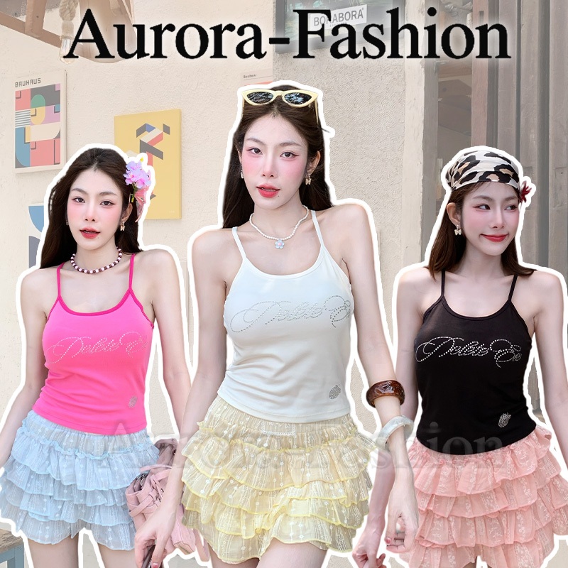 Aurora🛒พร้อมส่ง🚚(รูปถ่ายจากงานจริง) เสื้อสายเดี่ยว สีสดใส ตัวอักษรประดับเพชรน้ำ มีฟองน้ำ หลายสีให้เลือก เข้ากับทุกสไตส์