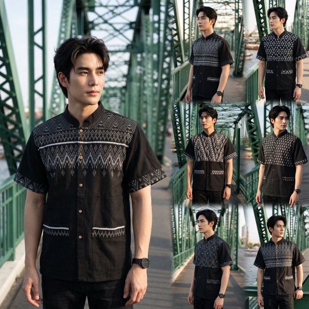 เสื้อพื้นเมืองผู้ชายคอจีนทูโทน รุ่น " พชรทรง ”